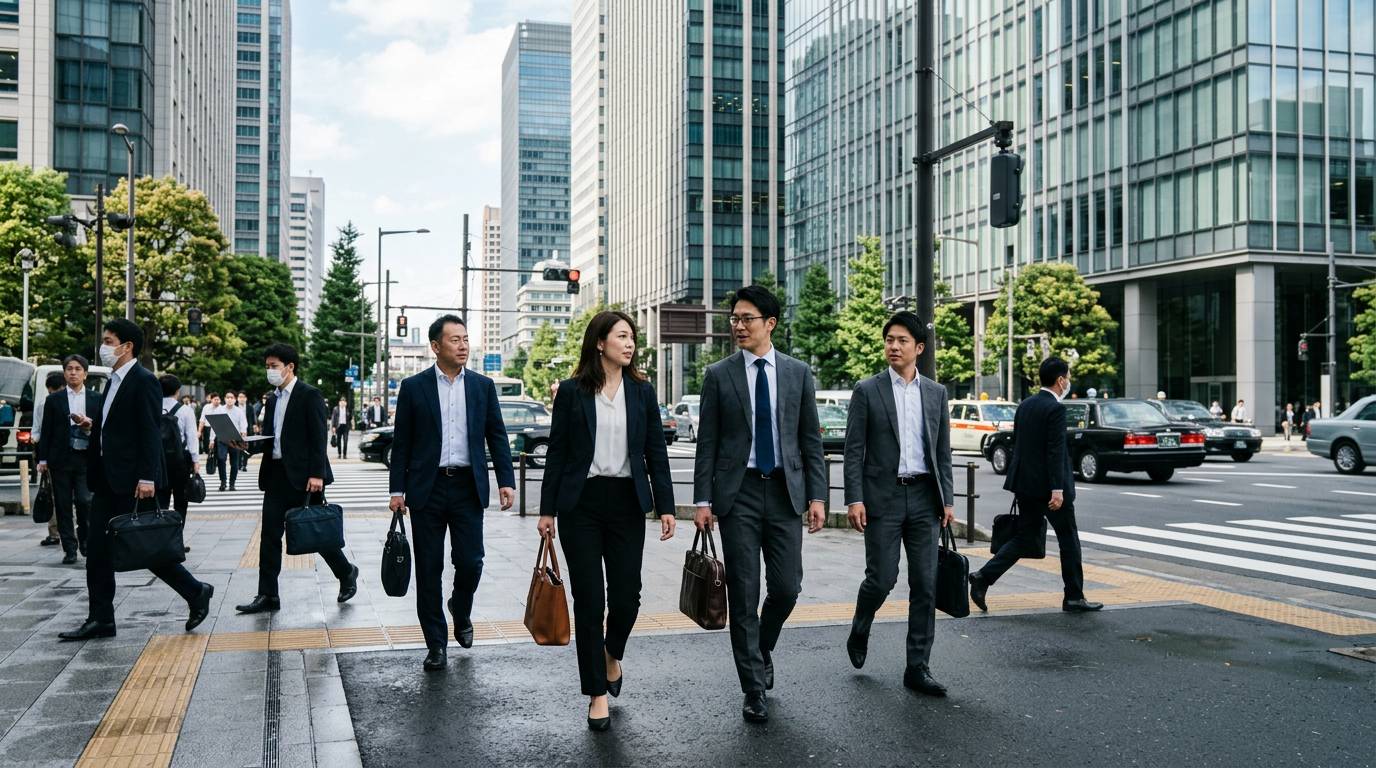渋谷のビジネス街を歩く日本人ビジネスパーソン