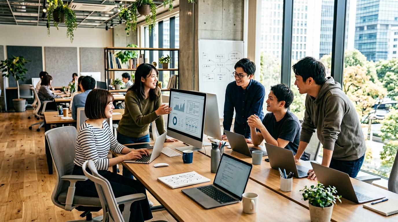 スタートアップのオフィス、若手チームと経験豊富なリーダーが共に働いている場面