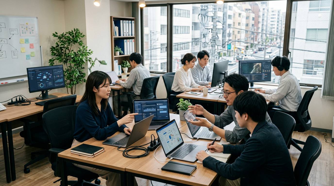 小規模なオフィスでAI活用を進めている日本企業の風景