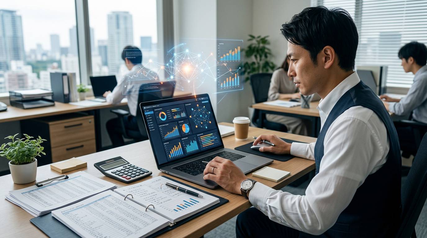 会計や財務の書類とPCを組み合わせたシーン、AI活用による効率化のイメージ