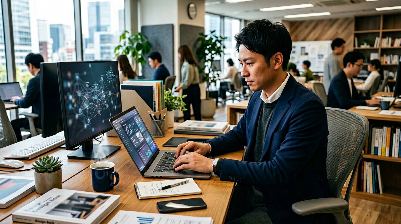 マーケティング担当者がAIを使ったコンテンツ作成をしている場面
