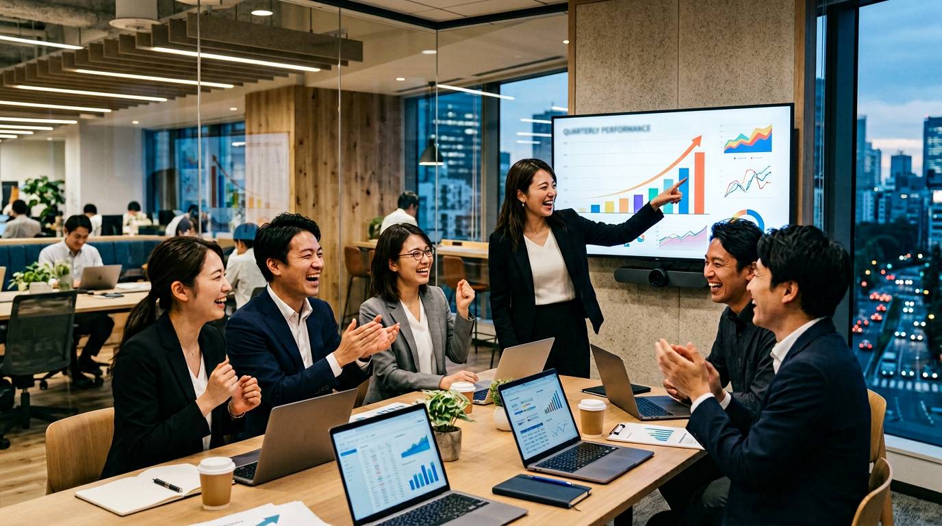 成功したビジネスチームが数字の成果を確認して喜んでいる場面