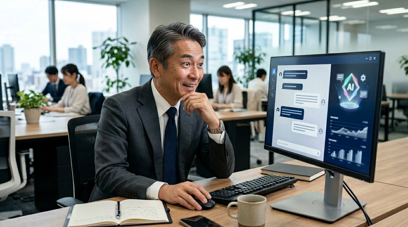 経営者がPCでClaude Coworkを初めてセッティングしている場面