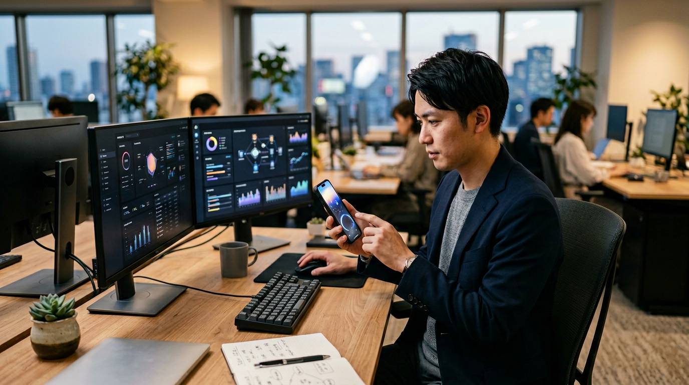 スマートフォンとPCを並べてClaude Coworkを試している場面
