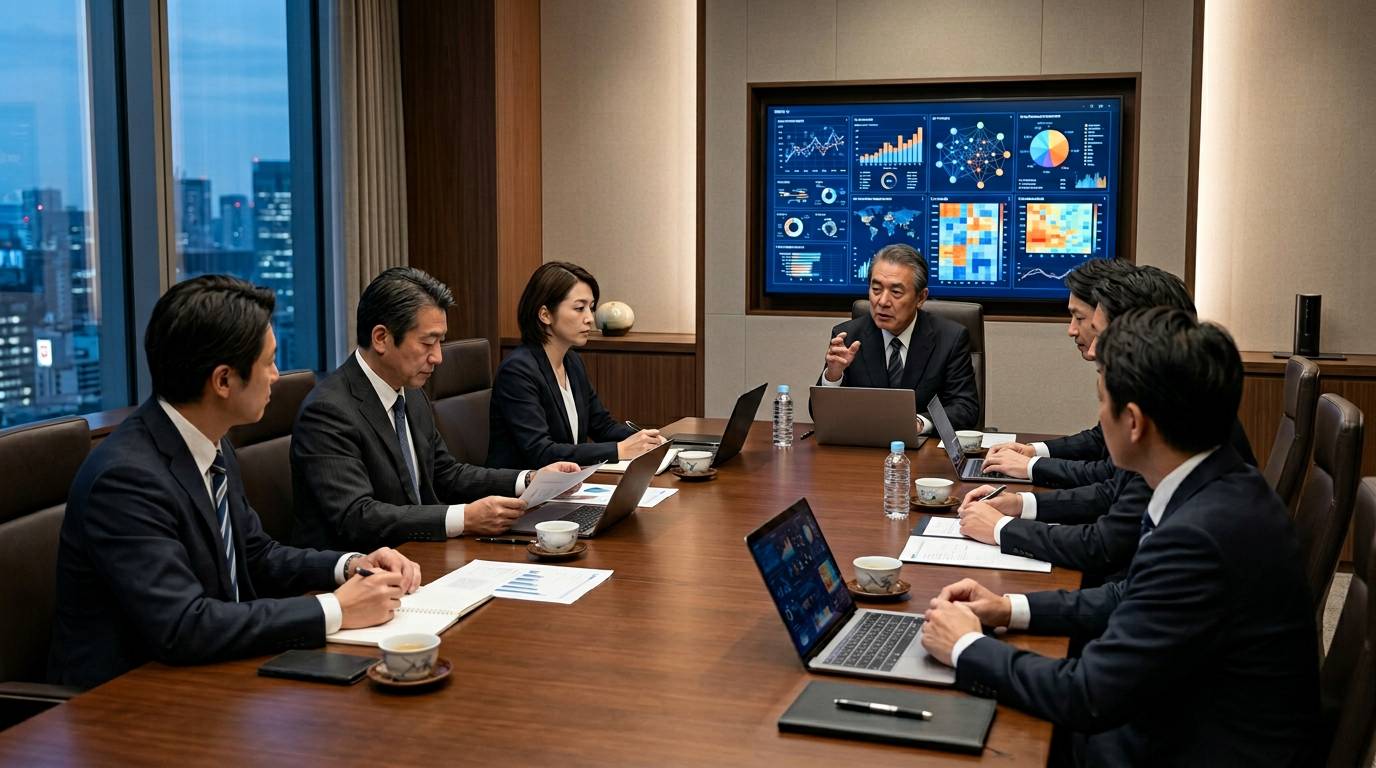 AI適応経営塾で経営者グループが学習している場面