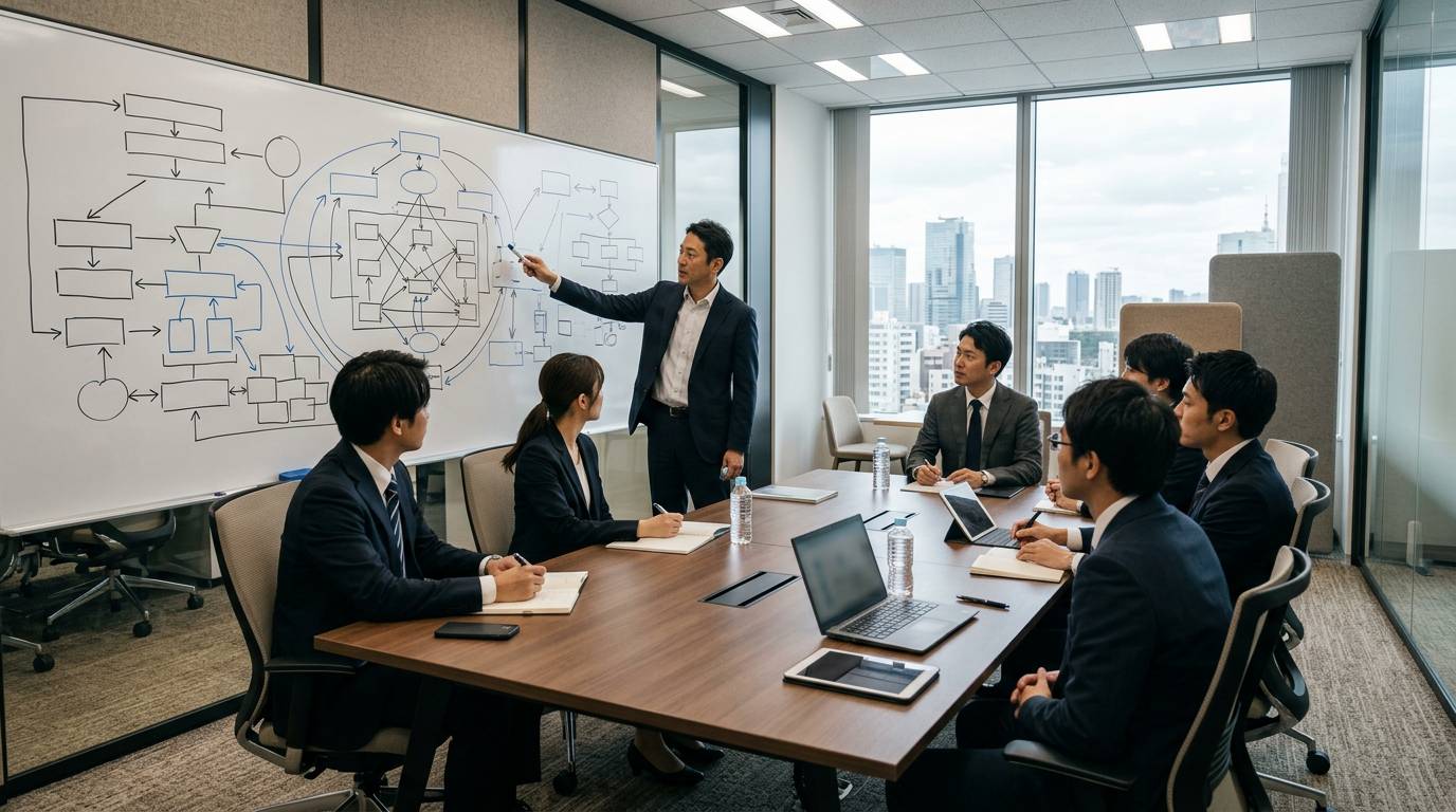 ホワイトボードに書かれたAI経営戦略フレームワーク