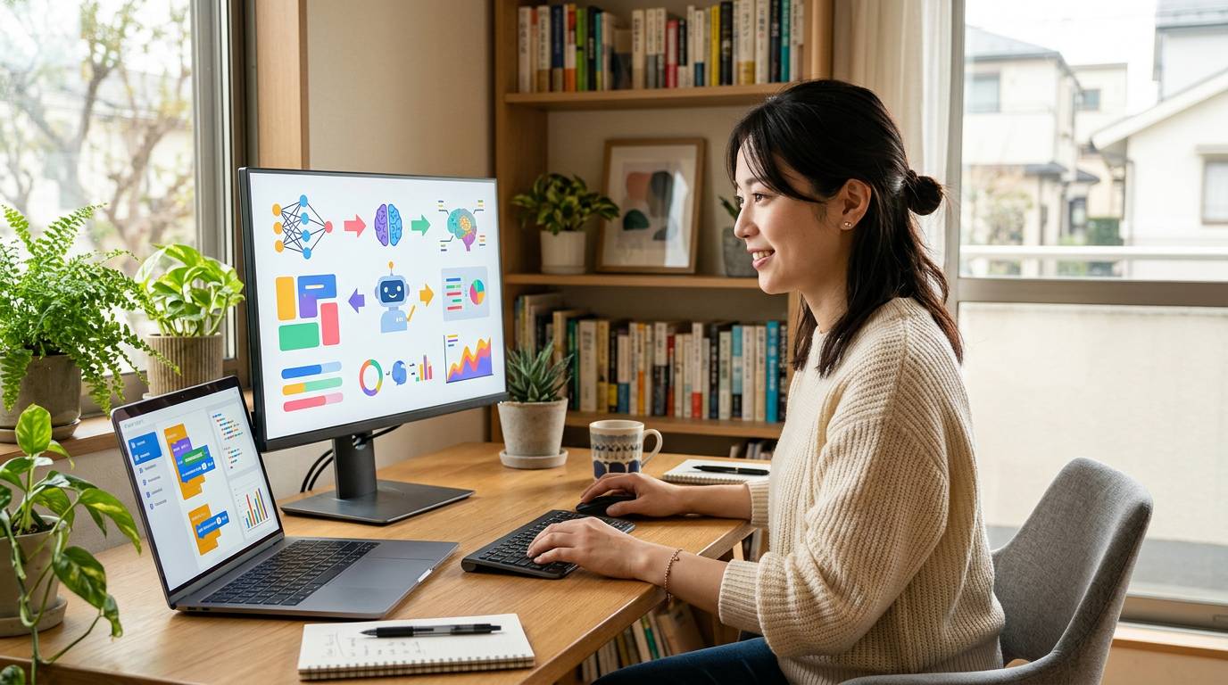 AI初心者がPCでチュートリアルを進めている場面