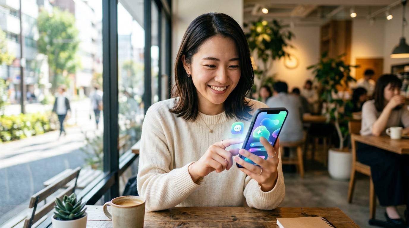 スマートフォンでAIアプリを試している日本人