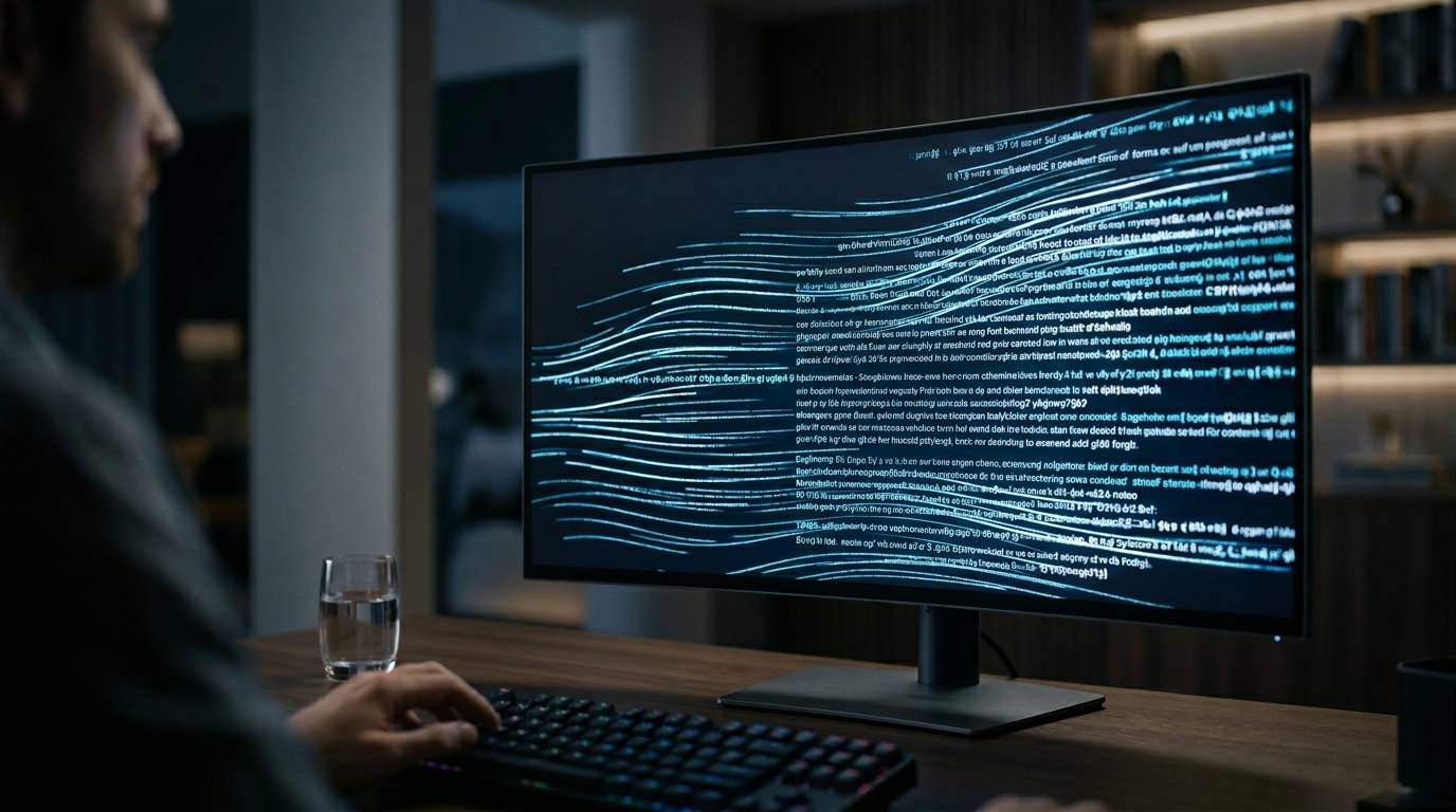 高精度な文章生成AIのイメージ、画面に文章が流れるように表示されている