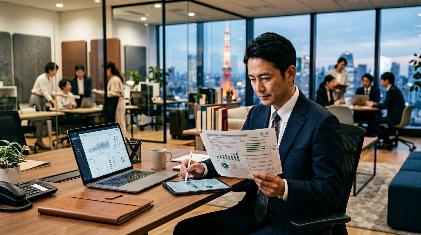 ビジネス文書の品質向上をAIがサポートしている場面、プロフェッショナルなオフィス