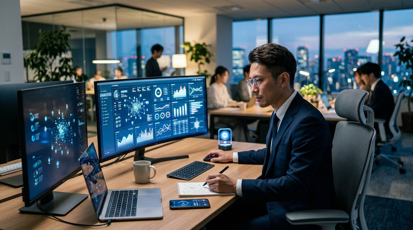 AIで情報収集や分析を行っているビジネスパーソン、効率的な意思決定のイメージ