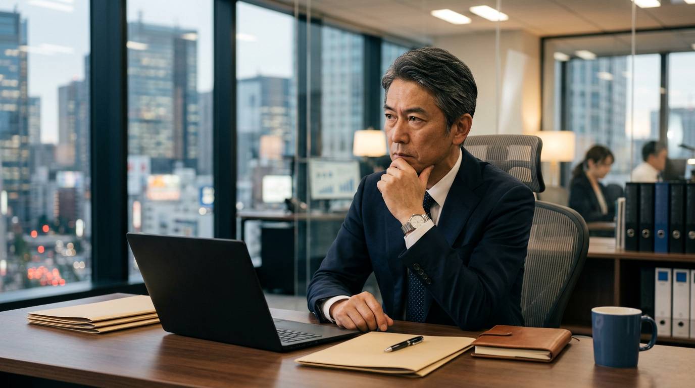 経営者が机の前で考え込んでいる場面、真剣な表情と資料が並ぶデスク