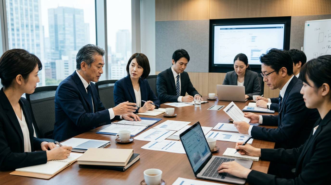 経営会議での意思決定の場面、日本人ビジネスパーソンが資料を囲んで話し合い