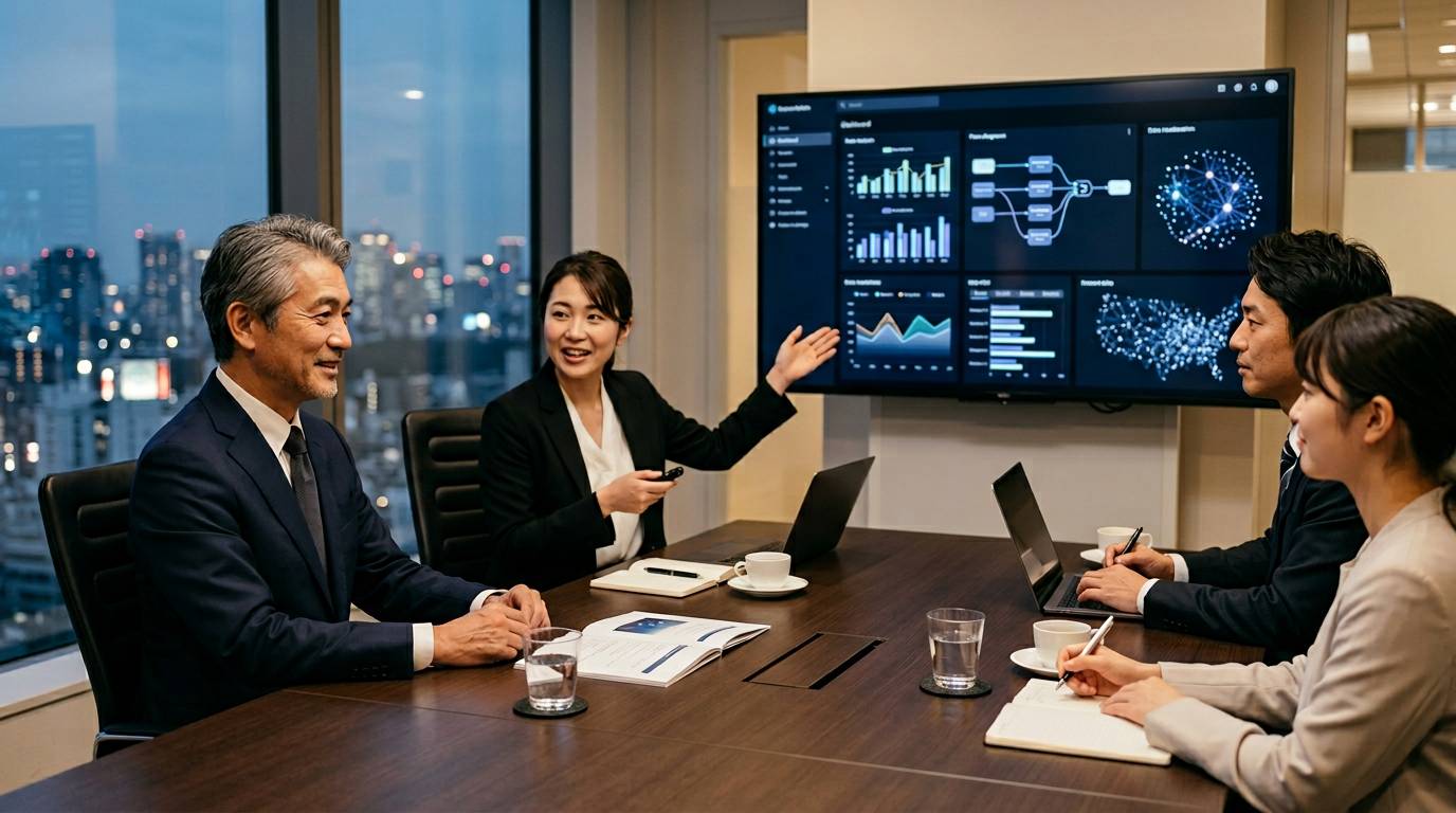 部下から提案を受けている経営者、AIツールのデモを見ている場面